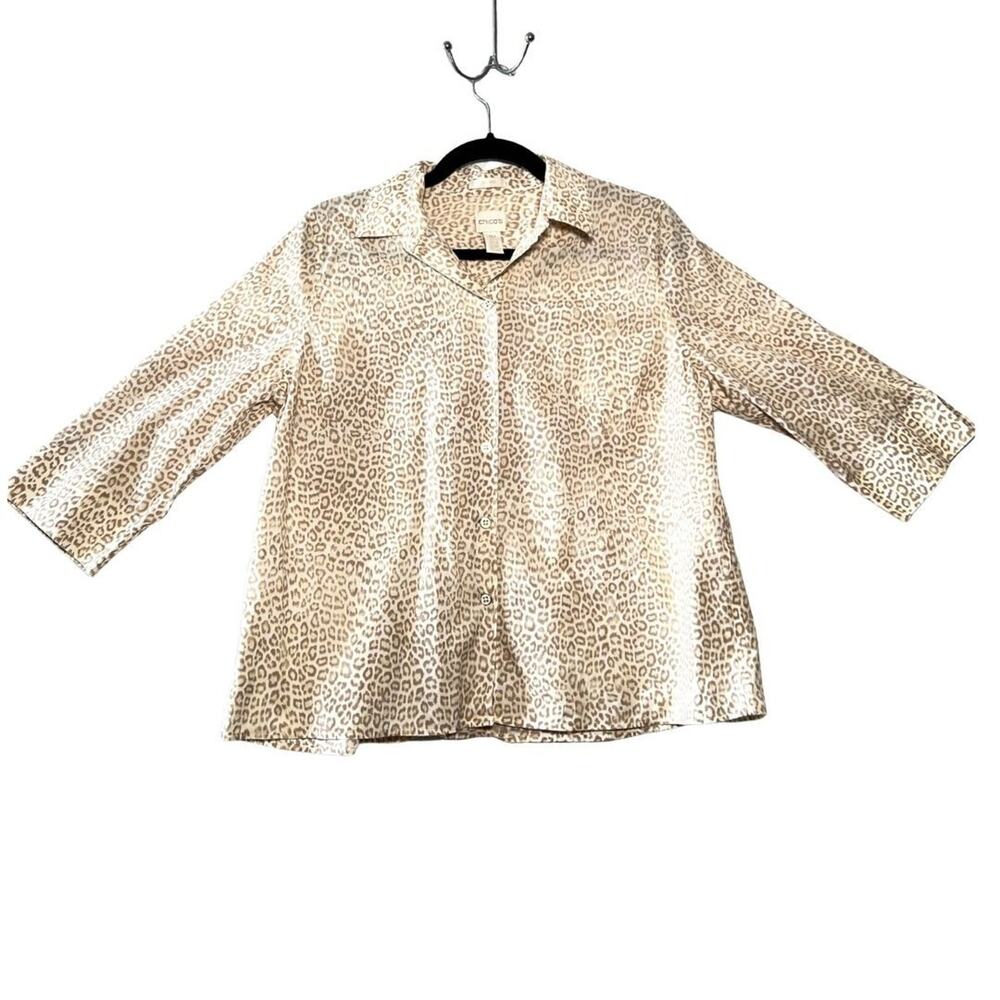 Office Siren Champagne Leopard Print Button Up 3/4 Sleeve Blouse size 1P